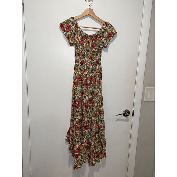 Abel The Label Multi Floral Pleated Neck Ruffled Hem Maxi Dress Women's Size XS - Picture 5 of 10